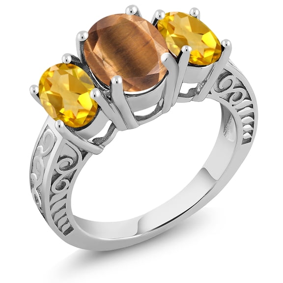 Gem Stone King 3.00 Ct Oval Brown Tiger Eye Yellow Citrine 925 Sterling Silver Ring (Size 9)