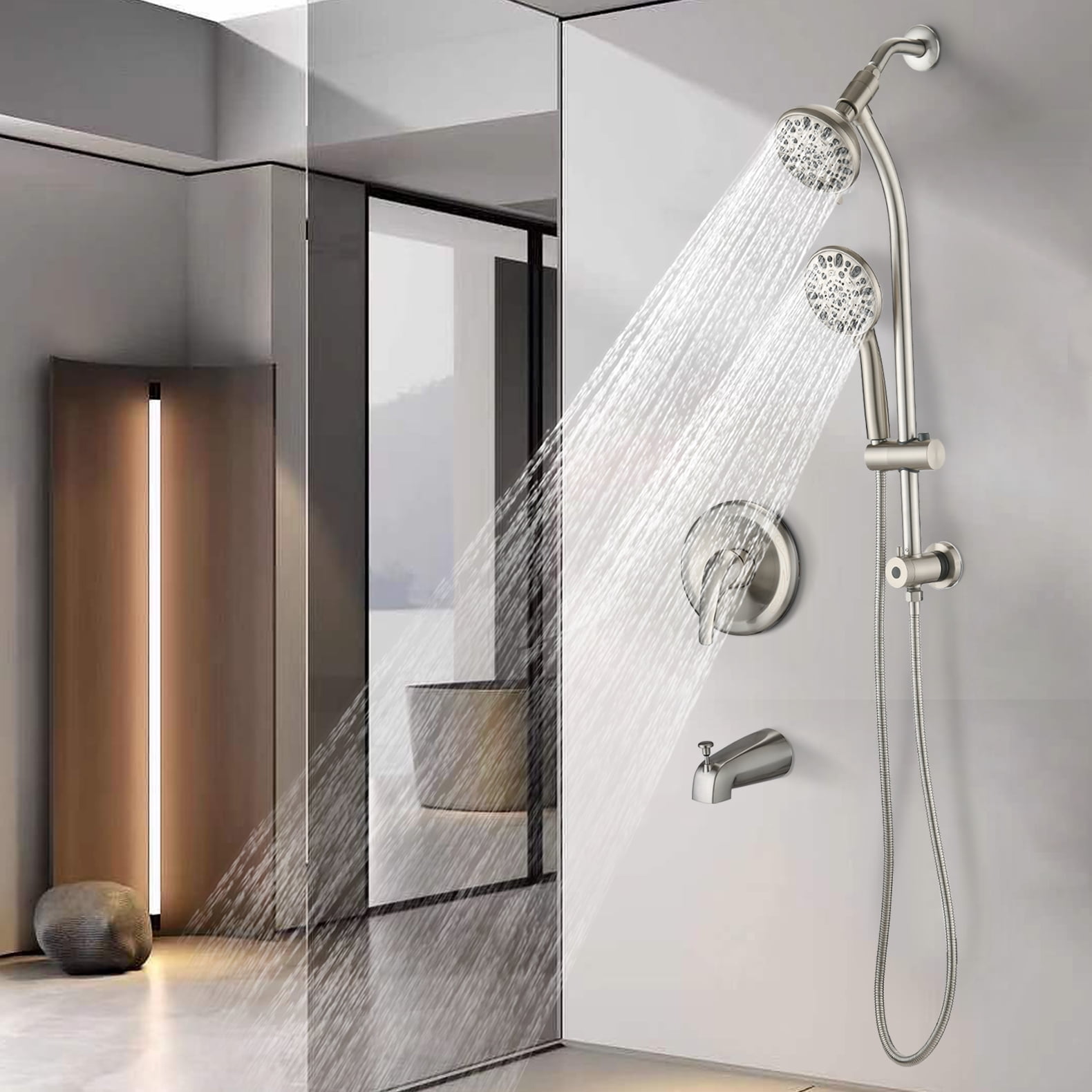 Freestanding Tub Faucet Replacement Drill-Free Stainless Steel Slide Bar Combo Rain Showerhead 7-Setting Hand, Dual Shower Head Spa System with Tup Spout (Rough-in Valve Included),Freestanding Tub Fa