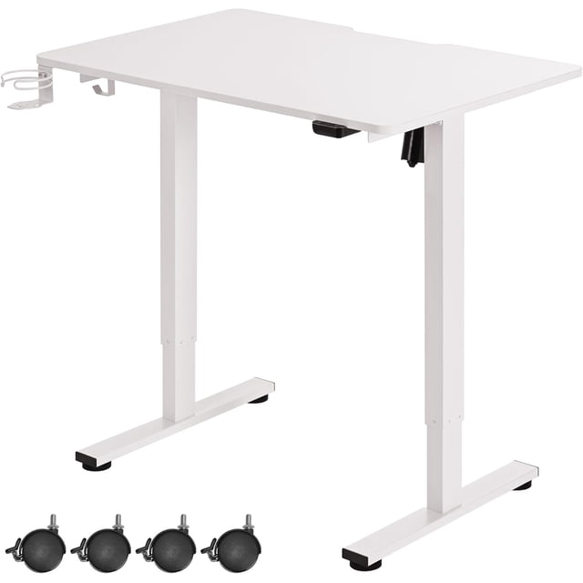 Petit Bureau Debout avec Roulettes, Bureaux Électriques à Hauteur Réglable 35 Pouces x 24 Pouces en Pièce Complète, Poste de Travail Roulant Assis-Debout avec Porte-Gobelet, Crochet, Cadre Blanc et Dessus de Table
