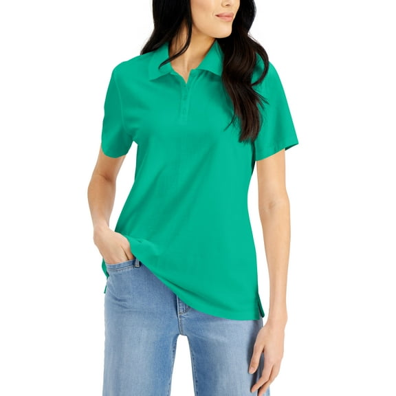 Karen Scott Petite Knit Cotton Polo Coastline Teal PXL