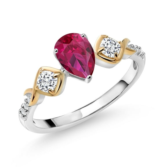 Gem Stone King 925 Silver and 10K Yellow Gold Red Created Ruby White Moissanite and White Lab Grown Diamond Ring for Women (1.31 Cttw, Pear Shape 7X5MM, Size 7)