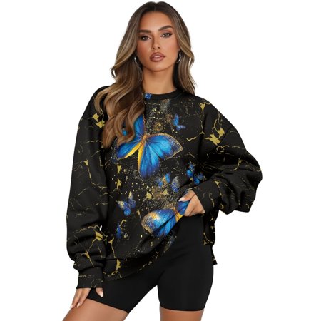 SCRAWLGOD Marble Print Butterfly Blue Black Women Sweatshirt Long Sleeve Crew Neck Sweatshirts for Women Trendy Comfy Casual Clothes Oversized Pullover Tops with Pockets S