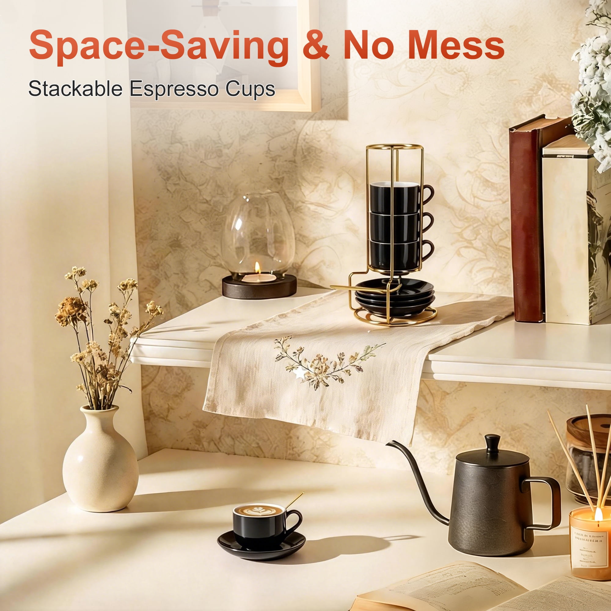 Unique Bargains 3 Ounce Espresso Cups Set of 4 Stackable Demitasse Mugs Includes Display Stand Cups Saucers and Spoons for Machines & Home Use Black Gold Tone