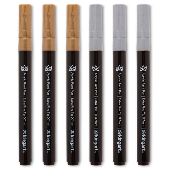 KINGART® PRO Extra Fine Point Acrylic Paint Pen Markers, Silver & Gold, Set of 6 (3 each)
