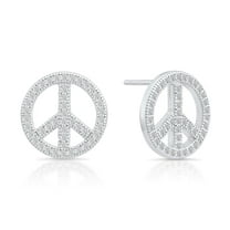 Tilo Jewelry 925 Sterling Silver Peace Sign Stud Earrings with Cubic Zirconia CZ Stones | Secure Push-Backs | Women & Unisex