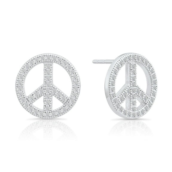 Tilo Jewelry 925 Sterling Silver Peace Sign Stud Earrings with Cubic Zirconia CZ Stones | Secure Push-Backs | Women & Unisex