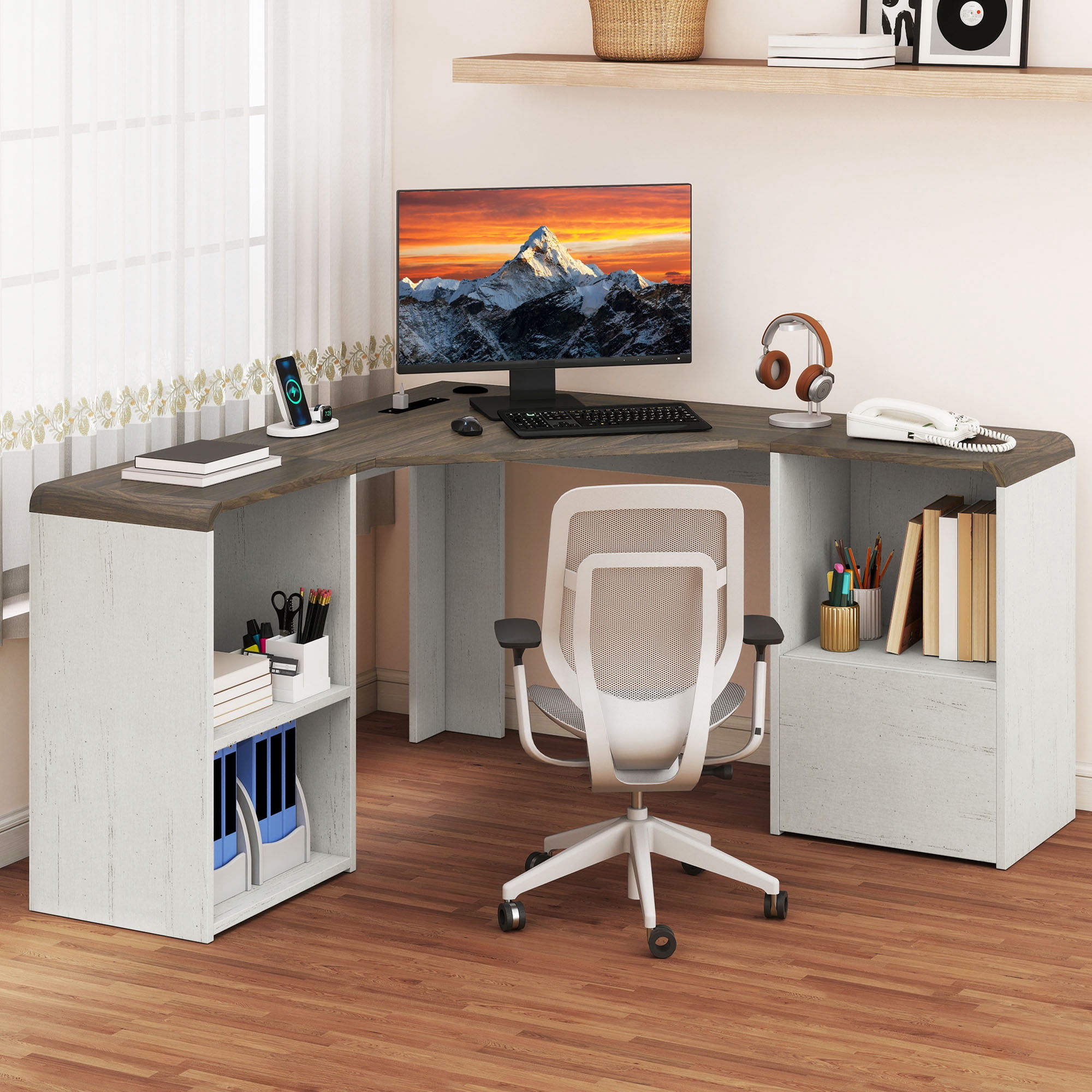 Homiflex L Shaped Desk with File Drawer 59" Modern Corner Computer Desk with Storage L Shape Home Office Desk Executive Desk with Power Outlets Storage Shelves File Cabinet for Working Writing, White