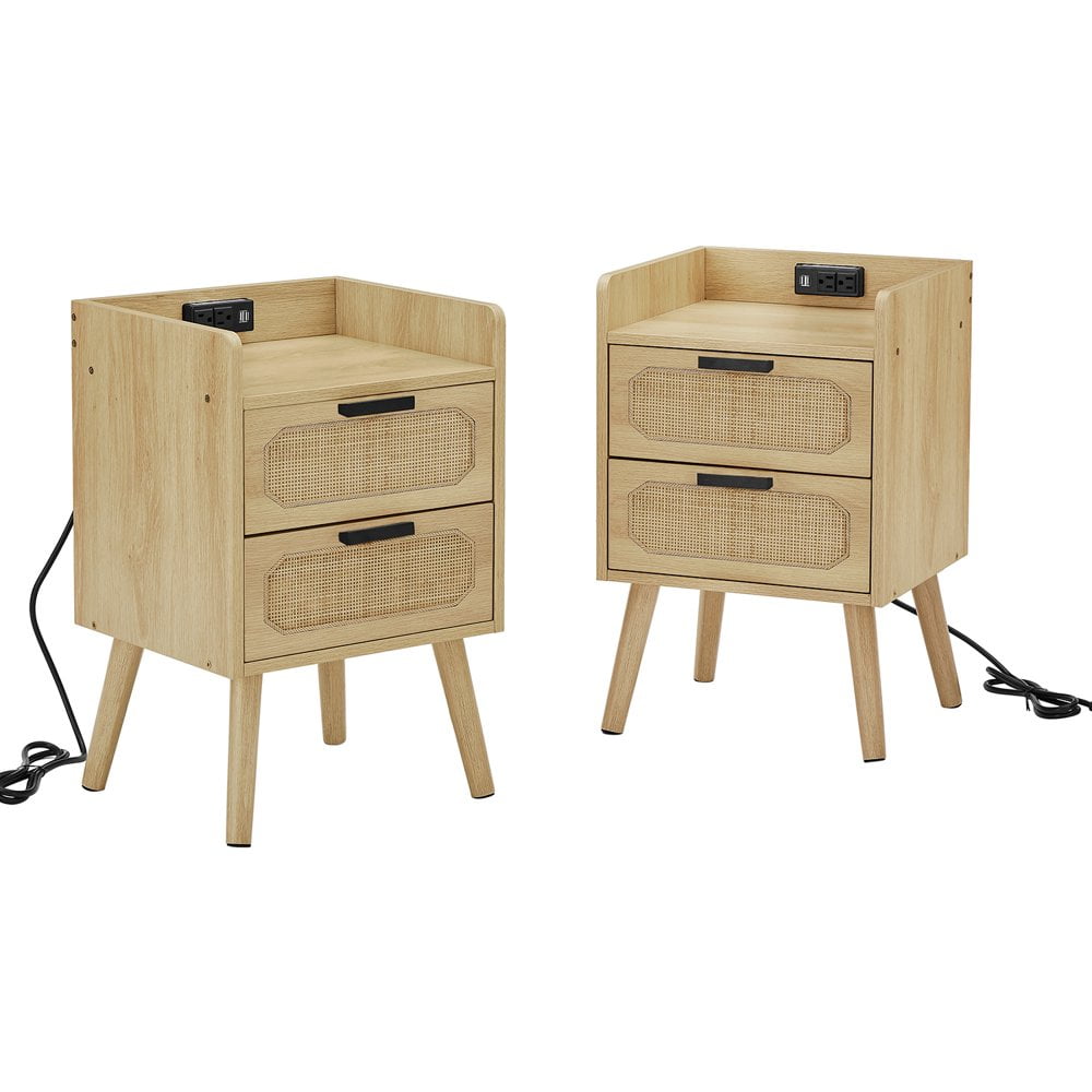 Gzxs Wood Nightstands Set of 2, Bedside Table with 2 Rattan Drawers, 2