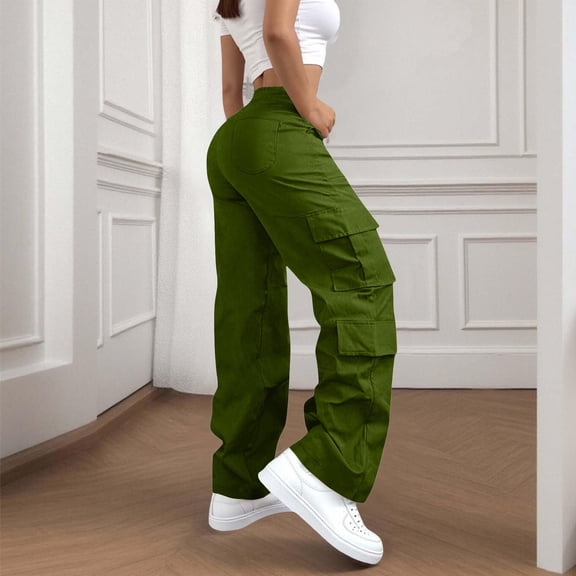 Cagogo Women's Cargo Pants High Waisted Loose Casual Flowy Solid Long Trousers Streetwear Party Travel Hiking Lightweight Summer Pants, Green 2XL