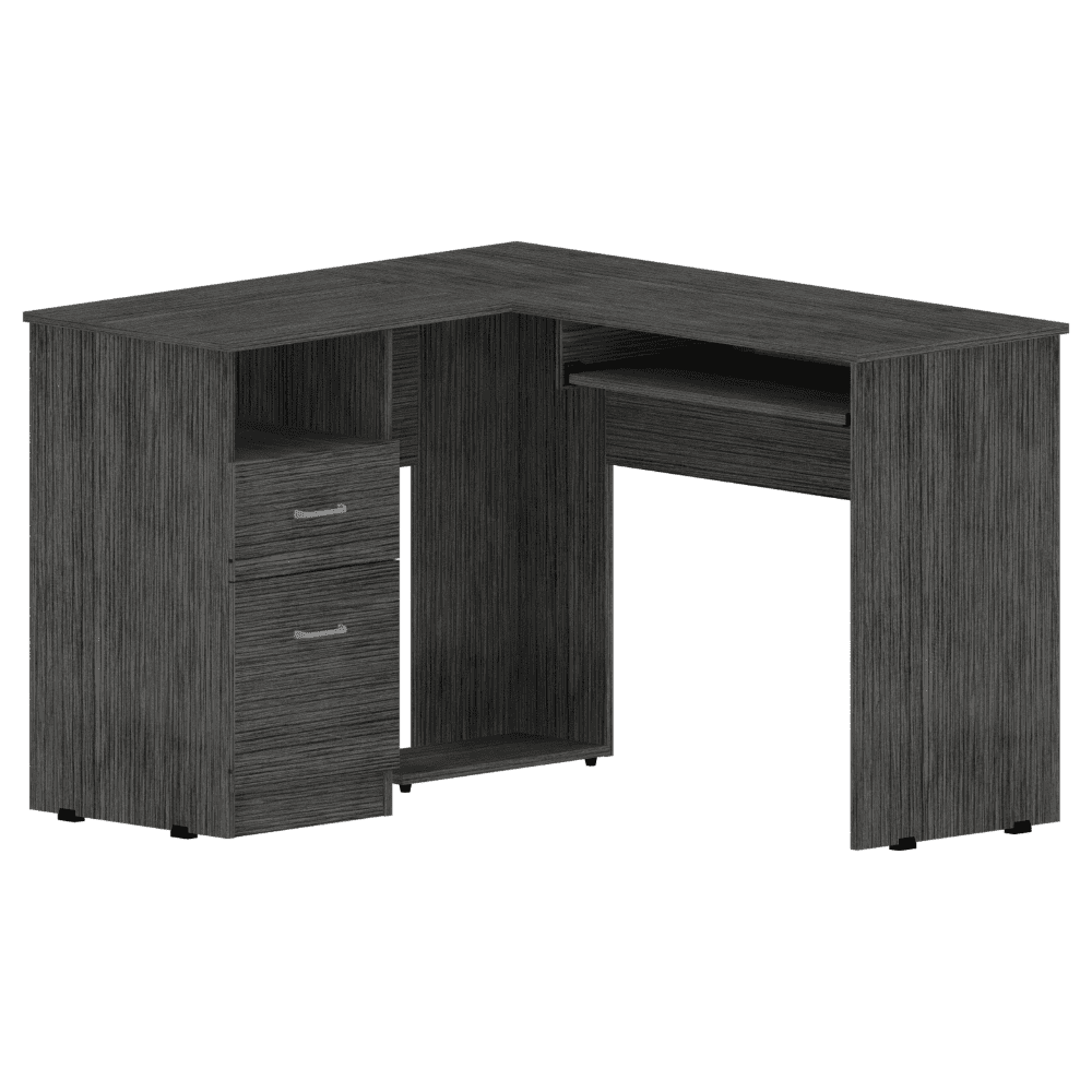 Mix L-Shaped Desk, Keyboard Tray, Two Drawers, Single Open Shelf Smokey Oak