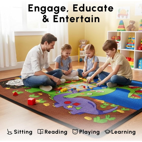 SAFECASTLE Dino Land Kids Educational Rug 4'4" x 5'6" – Dinosaur Alphabet & Numbers Learning Area Rug, Non-Slip Classroom Carpet for Playroom, Preschool, Nursery & Daycare, Durable Nylon Kids Rug