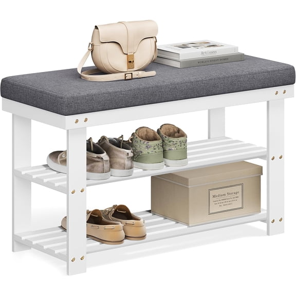 Bamboo Shoe Bench, 3-Tier Shoe Rack Organizer for Entryway, Living Room, Bench Seat Holds Up to 300 lb, 11.9 x 20.5 x 19.2 Inches, Rustic Walnut and Slate Gray ULBS504M01
