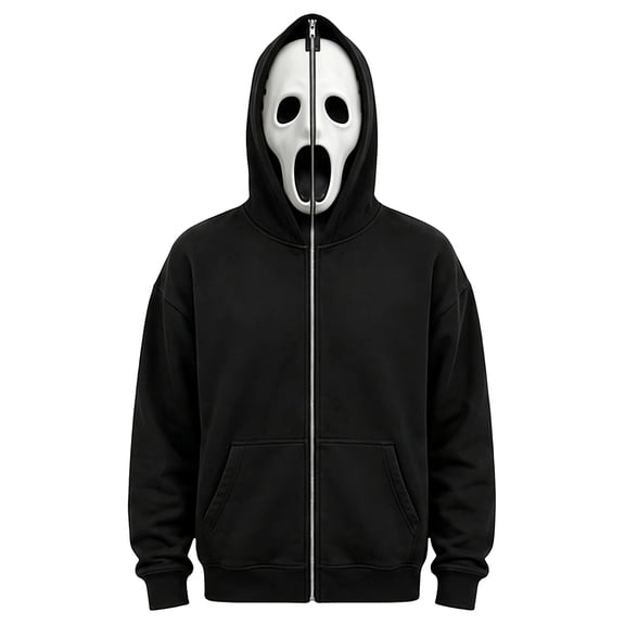 Horror Ghost Face Full Zip Hooded Sweatshirt, Novelty Masked Hood Activewear Apparel for Adults Halloween Cosplay