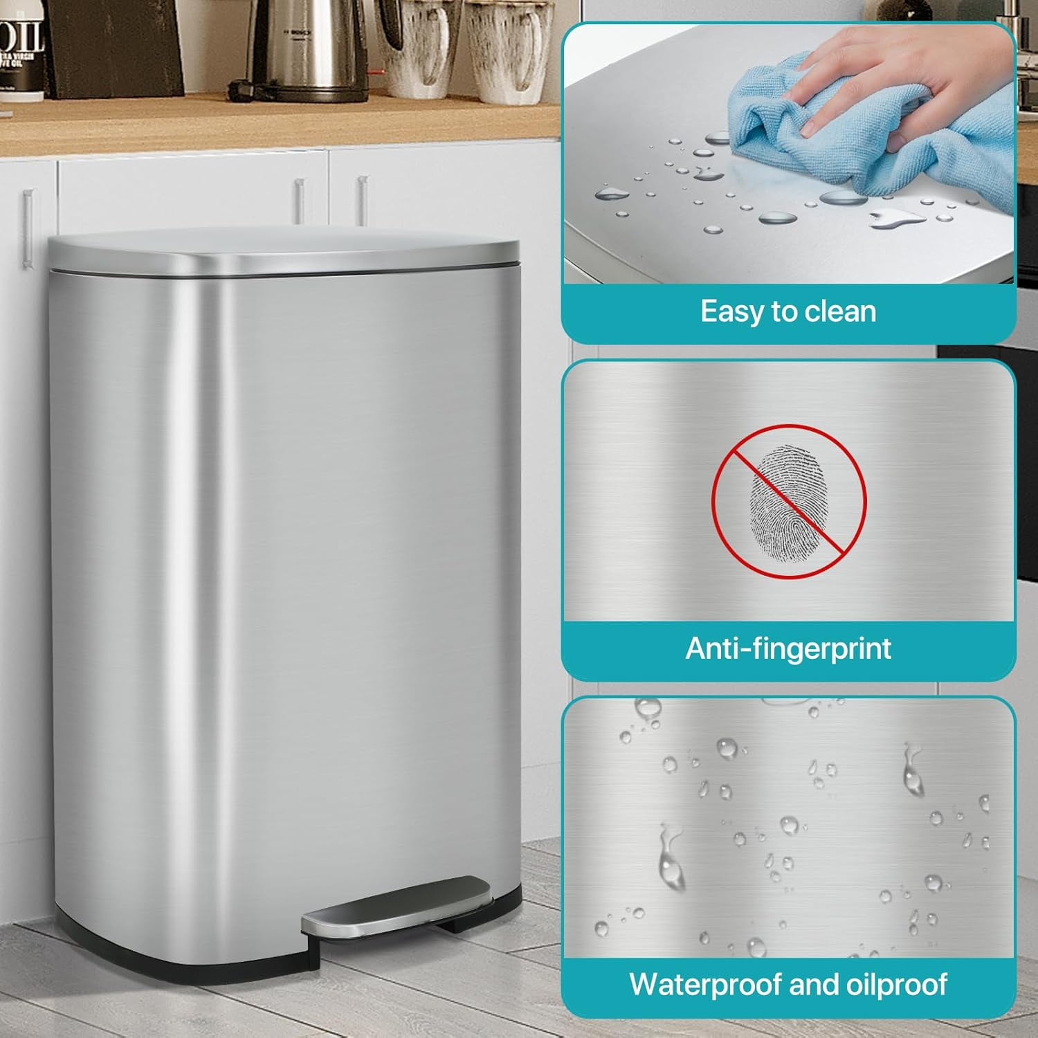 BIQWBIC 13 Gallon Kitchen Trash Can with Soft Close Lid, Foot Pedal and Inner Bucket, Stainless Steel