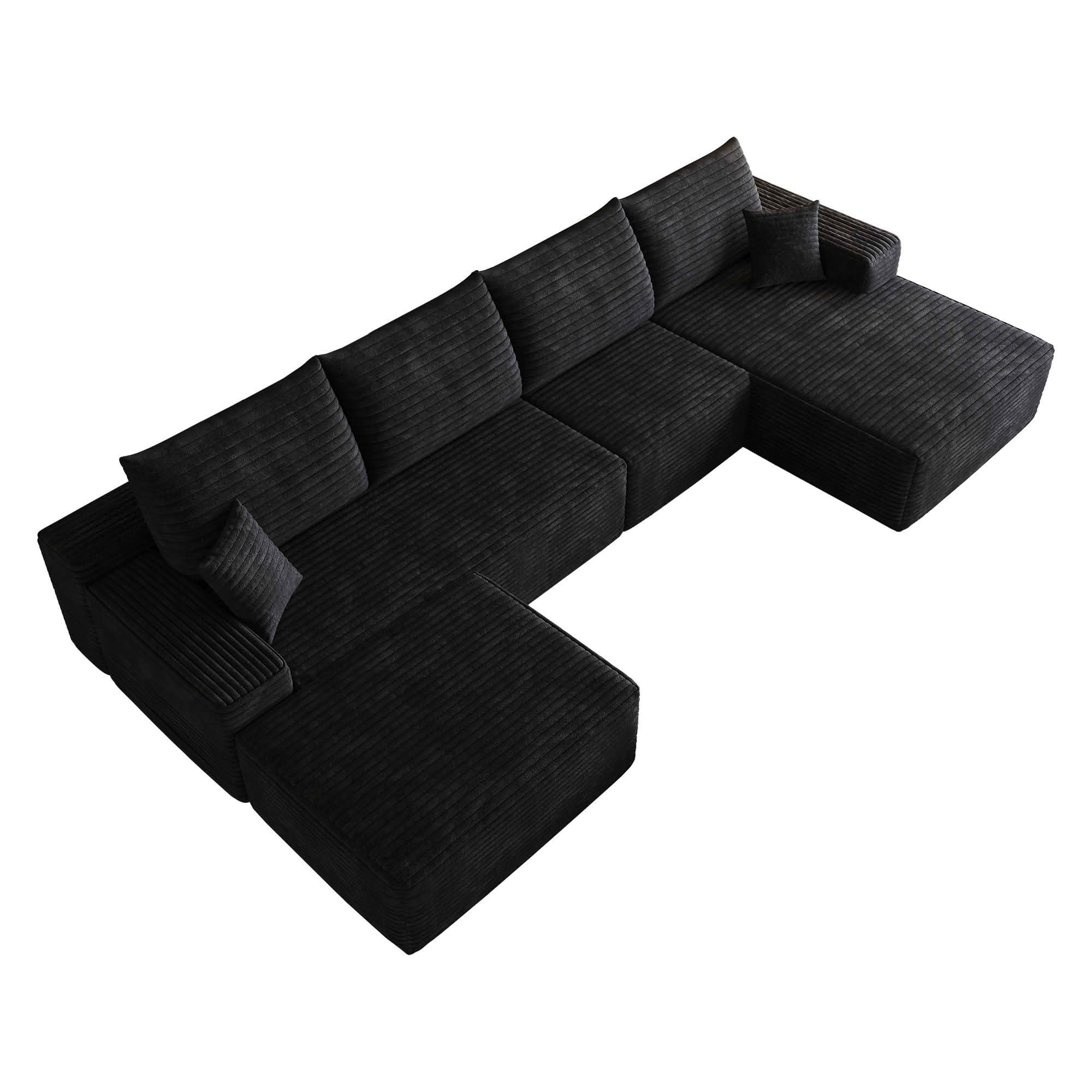 MAYEERTY 135-Inch Black Plush Corduroy 5-Seat U-Shaped Cloud Modular Sectional Sofa, Deep Seat Corner Couch with Ottoman No Assembly Required