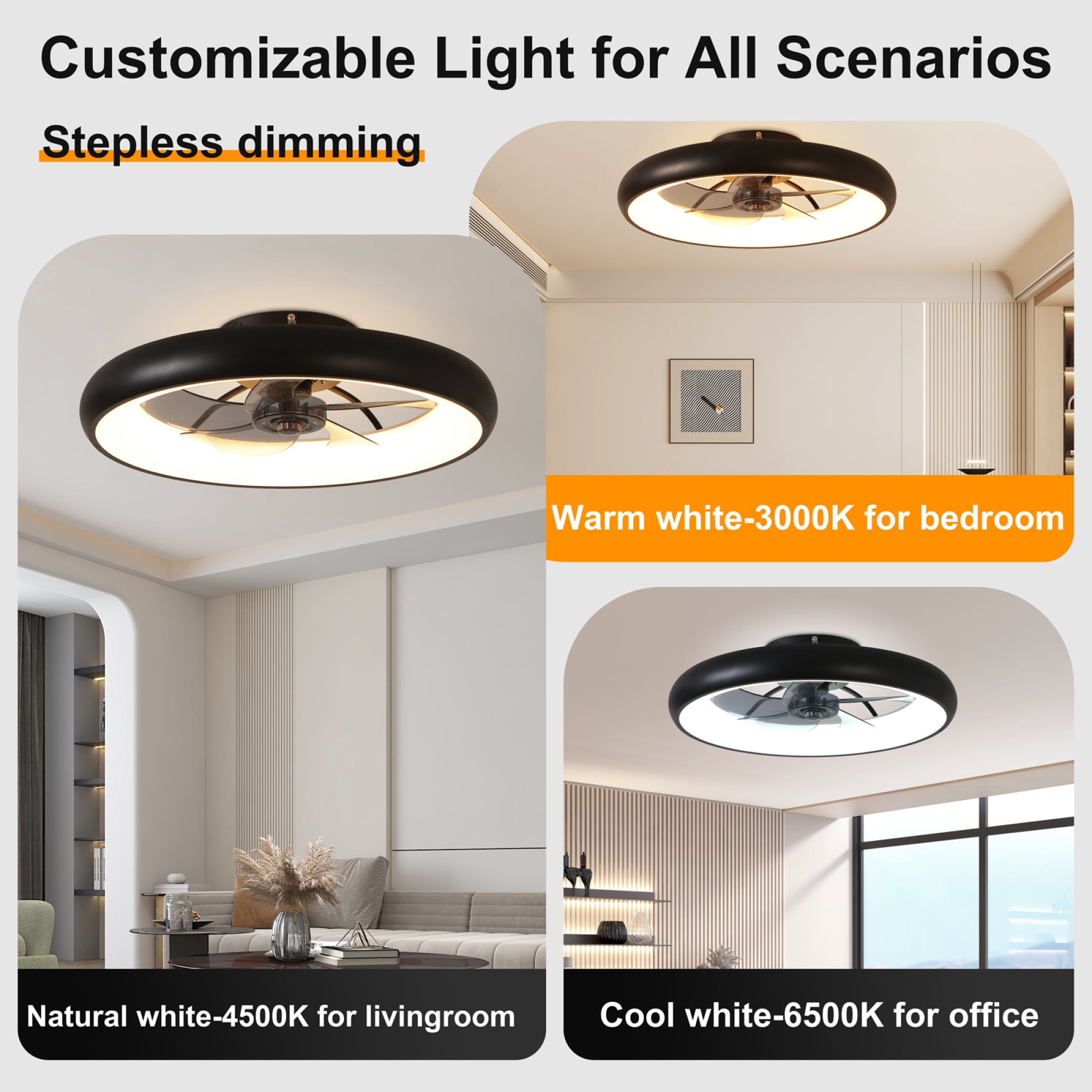 Leumius 21.7" Black Ultra-Thin Ceiling Fan with Light, 6-Speed Reversible Fandelier, 3-Color Temp Dimmable, Remote & APP Control, Silent Motor for Bedroom Living Room