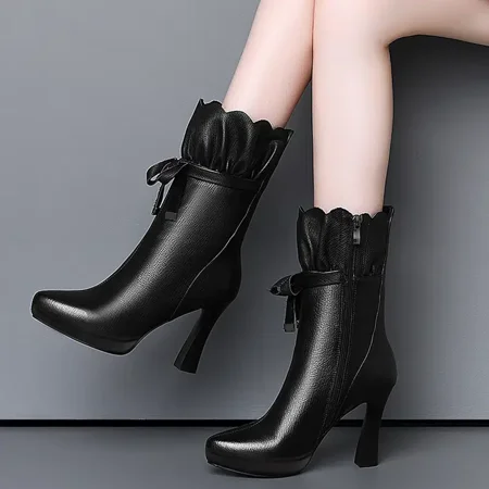 

Women‘s Mid-tube High-heeled Boots All-match Waterproof Platform Fleece Boots