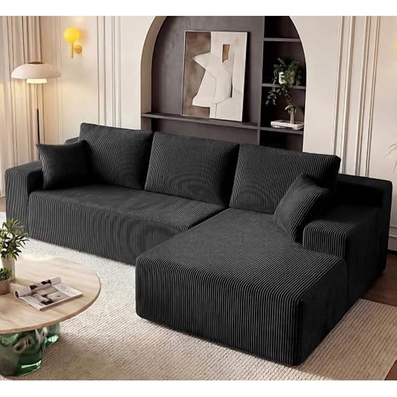 GRUSIGN Cloud Sectional Boneless Couches for Living Room, Modular L Shaped Couch with Deep Seat Oversized Right Facing Chaise, Memory Foam Compressed Spineless 3 Seater Sofa for Apartment, Black