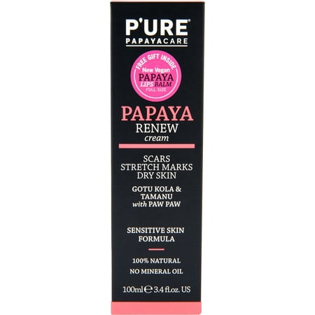 P'ure Papayacare Papaya Renew Cream - Sensitive Skin Formula for Scars, Stretch Marks & Dry Skin - Gotu Kola, Jojoba, Macadamia Oil and Tamanu with Paw Paw - 100% Natural and Vegan (3.4 (Best Stretch Mark Cream For Men)