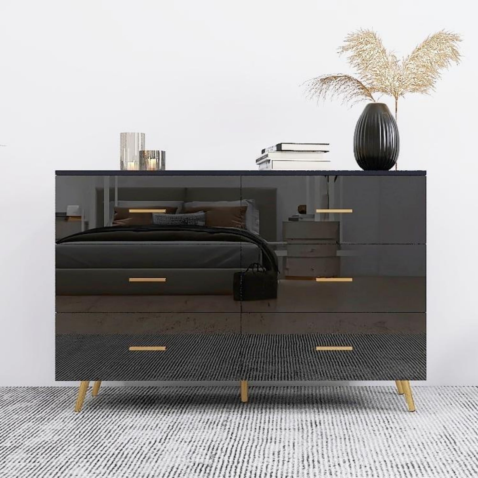Jopath 6-Drawers Dresser for Bedroom,Modern High Glossy Surface Chest of Drawer with Golden Steel Legs,Wood Storage Organizer for Living Room,Black02