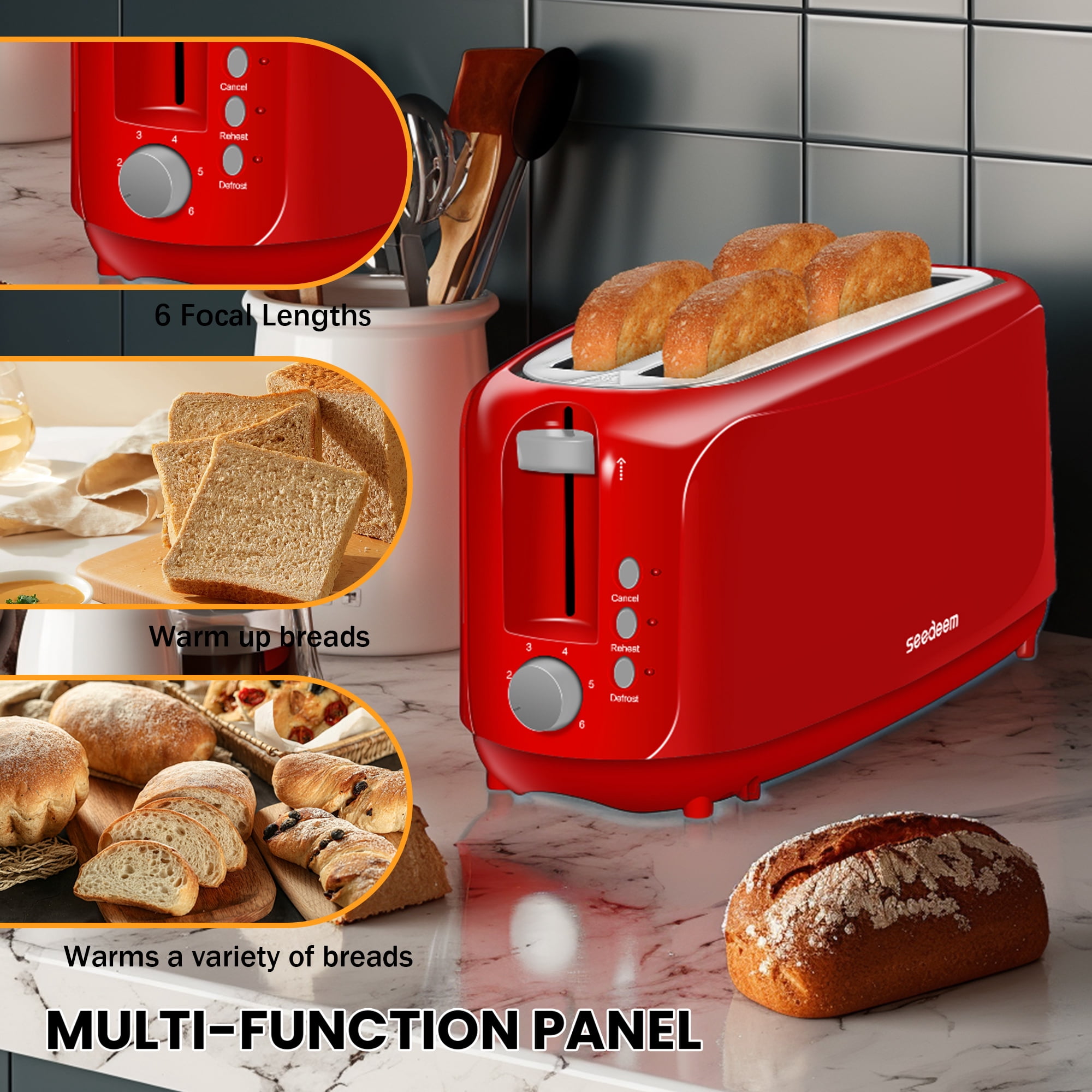 【Ultra-Slim Space-Saving】4-Slice Long Slot Toaster, Dual 10-Inch Slots, 6 Shade Settings with Cancel/Reheat/Defrost, Removable Crumb Tray, Easy to Store Vertically