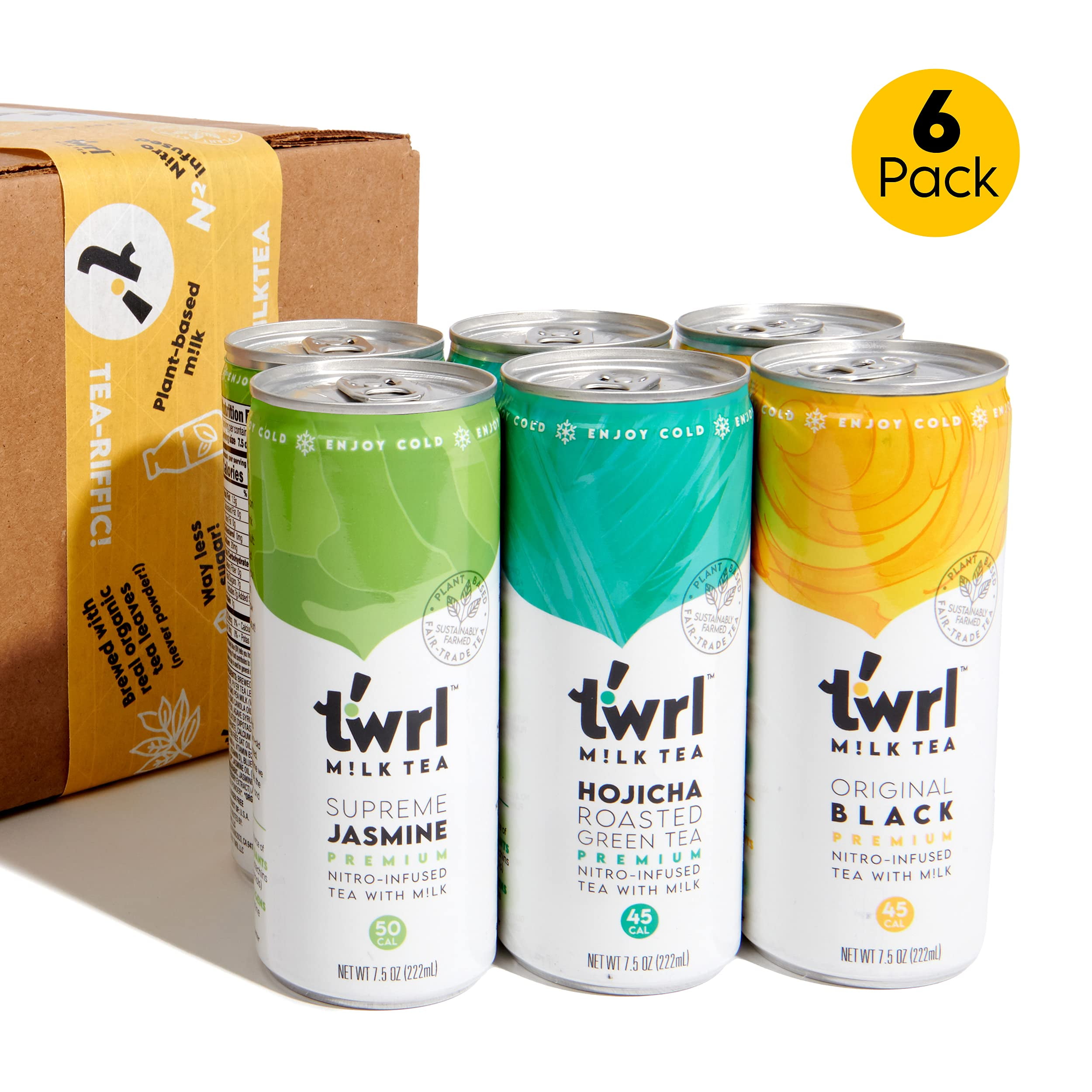 Twrl Milk Tea - Variety Pack - Hojicha Roasted Green Milk Tea, Original Black Milk Tea, & Supreme Jasmine Milk Tea - 6 Pack Plant Based Tea Latte