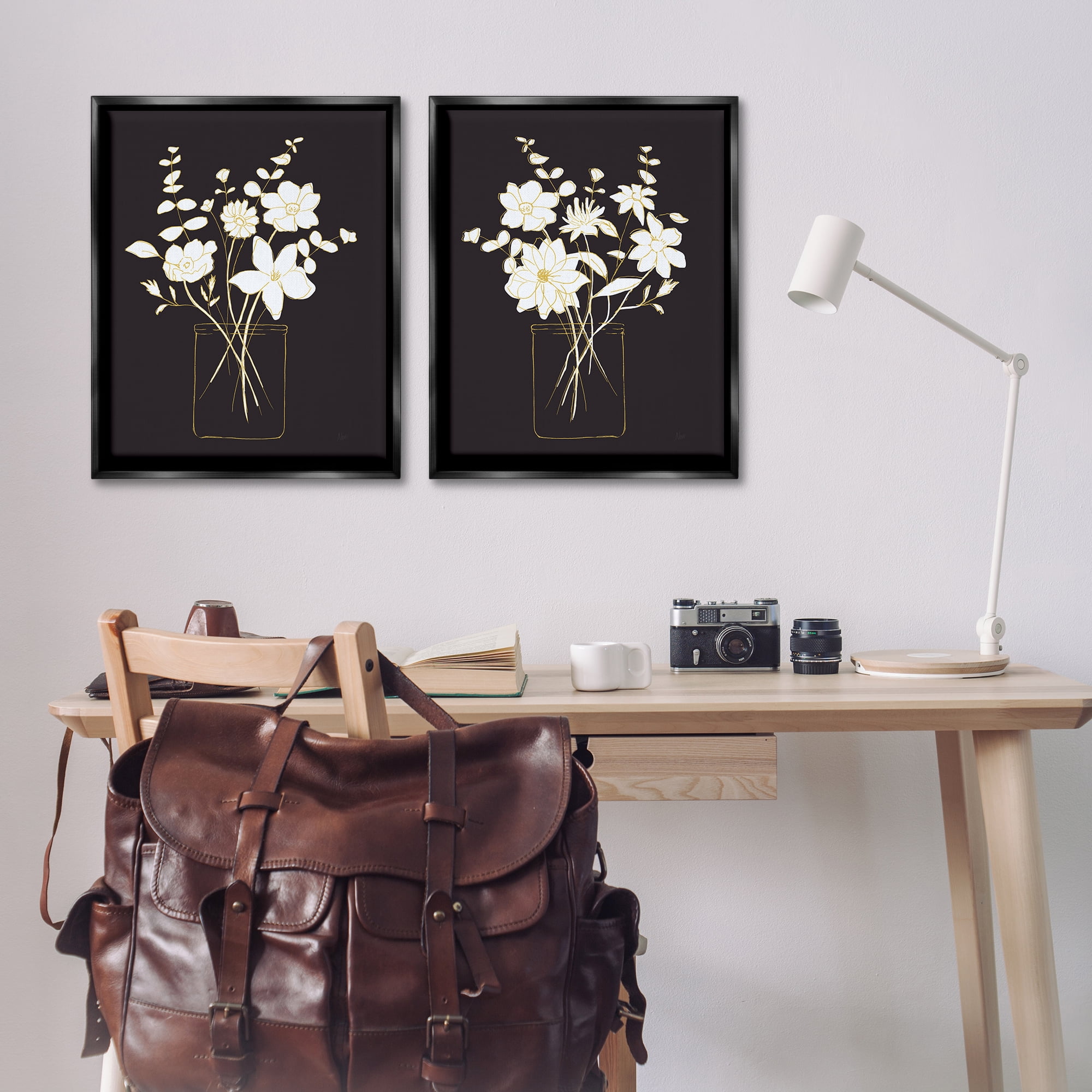 Stupell Industries Minimalist Flower Sketch in Jar Plants & Flowers Painting Black Floater Framed Canvas Art Print Wall Art, 31 x 25, Set of 2