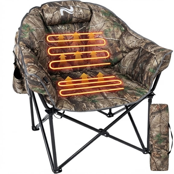 Slsy Oversized Heated Camping Chair, XXL Camo Folding Chair with 3 Heat Levels, 500lbs Capacity, Heavy Duty Steel, Cup Holder, Storage Bag