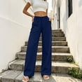 thumbnail image 5 of Women's & Women's Plus Straight Leg Pants, Button Zip Closure Solid Pants with Side Pockets, Lounge Business Casual Office Wear | VerBelle,Blue 2XL, 5 of 7