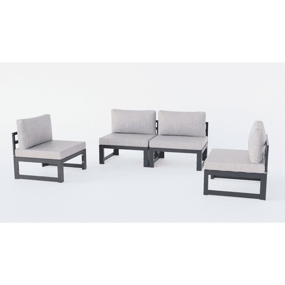 LeisureMod Chelsea 4-Piece Outdoor Armless Patio Sectional Black Aluminum With Beige Cushions