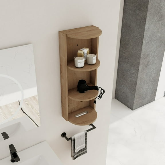 Noble House 12" Wall-Mounted Bathroom Storage Rack, Plywood 3-Tier Floating Organizer, Compact Design, Imitative Oak