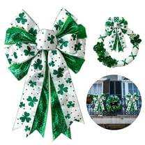 Deyuer Bow,Large White Green Glitter Shamrock Bow Irish Holiday Decor,Ribbon Bow Knot for Wreath Tree Topper Front Door