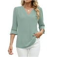 thumbnail image 2 of HongQid Women's 3/4 Sleeve Tops Dressy Casual Pleated V Neck Business Work Blouses Office Shirts, 2 of 9