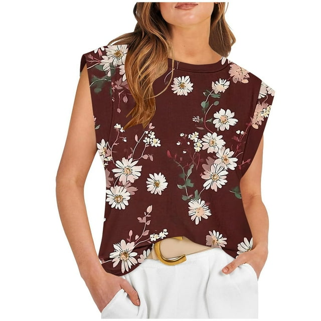 Sentmoon Vêtements de Vacances à la Plage pour Femmes Col Rond Débardeurs Amples Imprimé Floral Sans Manches Boho Tops Été 2025 Léger pour Vacances Tropicales Multicolore TG