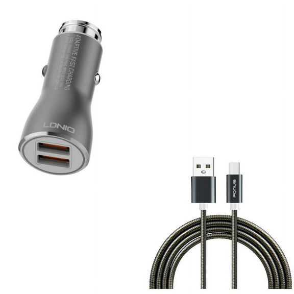 Type-C 3ft Metal USB Cable w 2-Port USB 36W Fast Car Charger Z2W for Acer Liquid Jade Primo - Alcatel PulseMix, 7, Idol 5S 5 4S - ASUS Zenfone V Live, ROG Phone, AR 6 5z 4 Pro