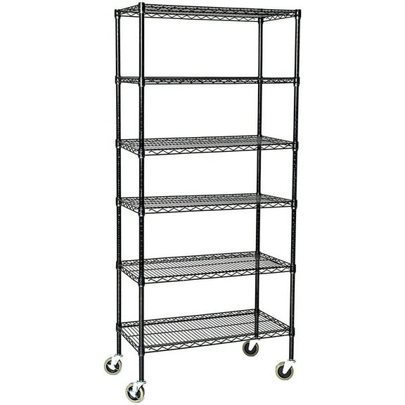 18" Deep x 36" Wide x 80" High 6 Tier Black Wire Shelf Truck with 800 lb Capacity