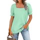 thumbnail image 1 of Mujer Cuello Cuadrado Manga Corta Top Fruncido Patrón Liso Suelto Suave Transpirable Verano Camiseta Verde Claro XL, 1 of 6