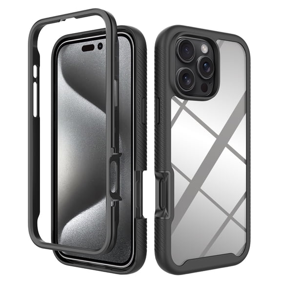 Back Case for iPhone 16 Pro Max, Luxury TPU Front Frame PC Clear Back Full Body Shockproof Hybrid 2 In 1 Anti-Scratch Anti-Slip Protective Phone Cover Case for iPhone 16 Pro Max, Black