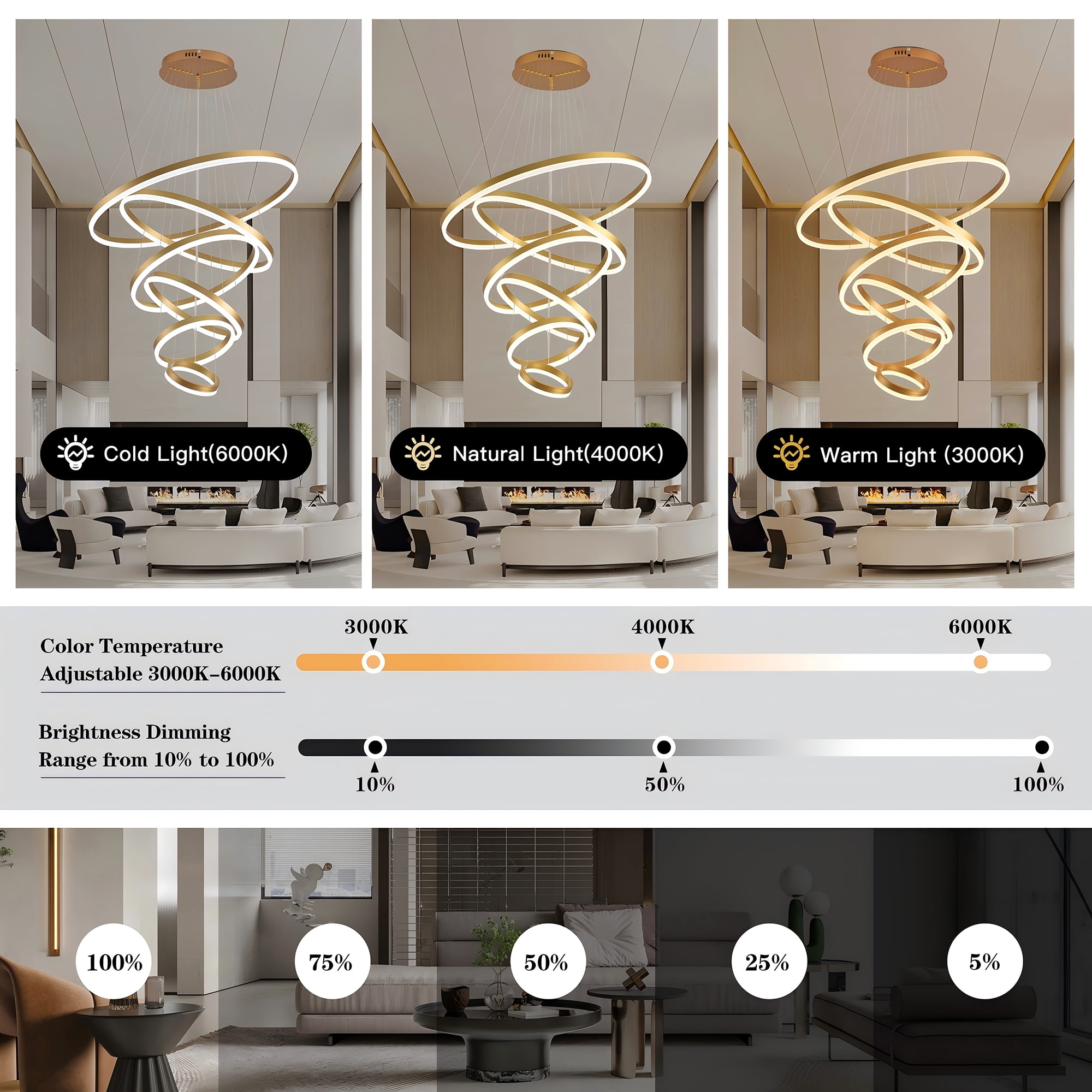 Modern 6-Ring LED Chandelier for High Ceilings, Adjustable Gold Pendant Light with Remote, Dimmable Flush Mount Fixture for Foyer, Entryway, Living Room Dining Room
