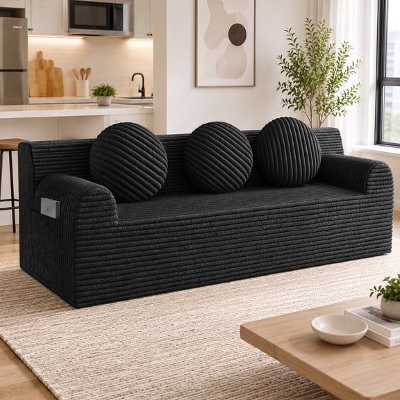 UHOMEPRO 71" Small Cloud Couch, 3 Seater Sofa with High Density Foam, No Assembly Low Profile Floor Couch for Bedroom, Apartment, 1200lbs, Black