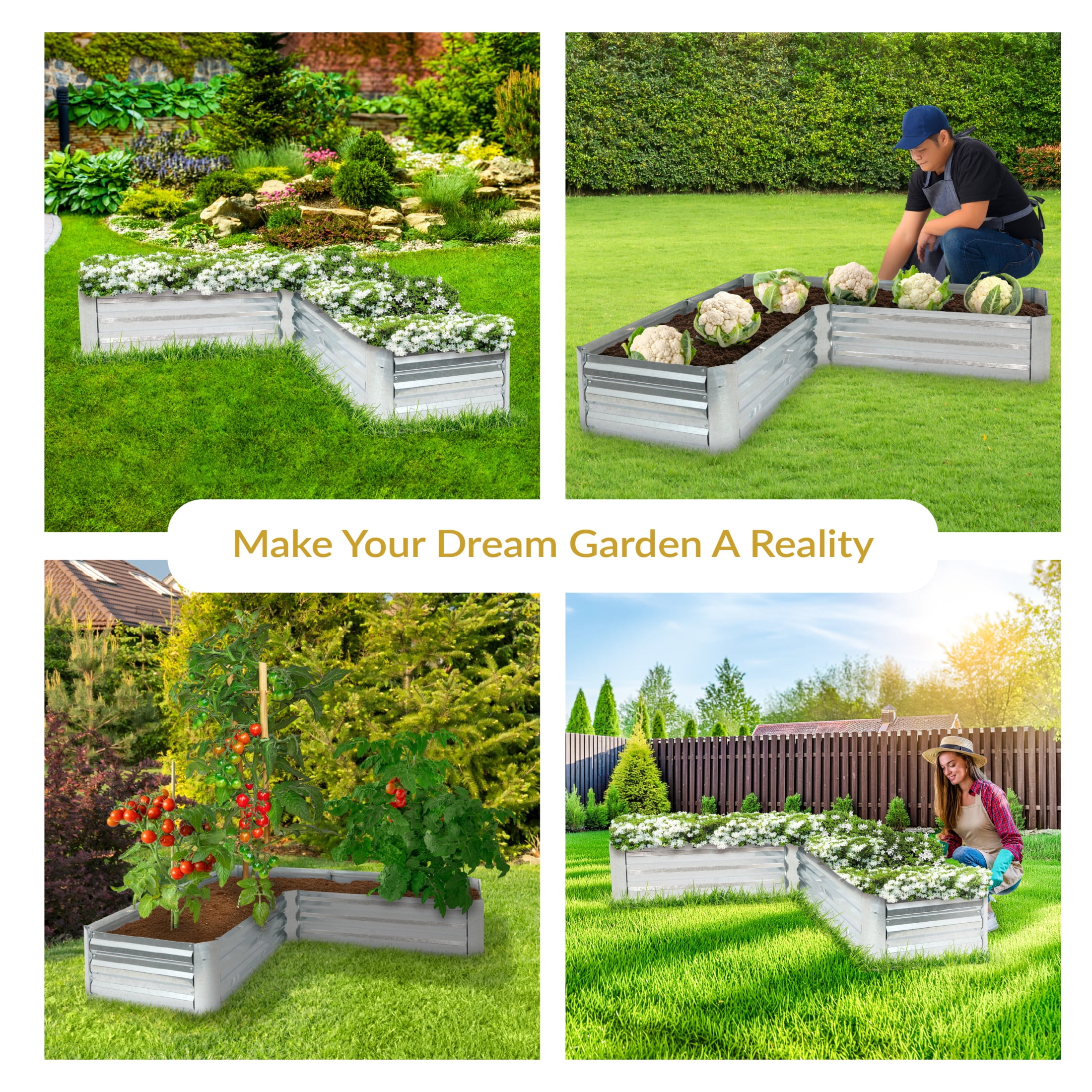 Sunnydaze 59.5" x 59.5" x 11.75" L-Shaped Silver Galvanized Steel Raised Garden Bed