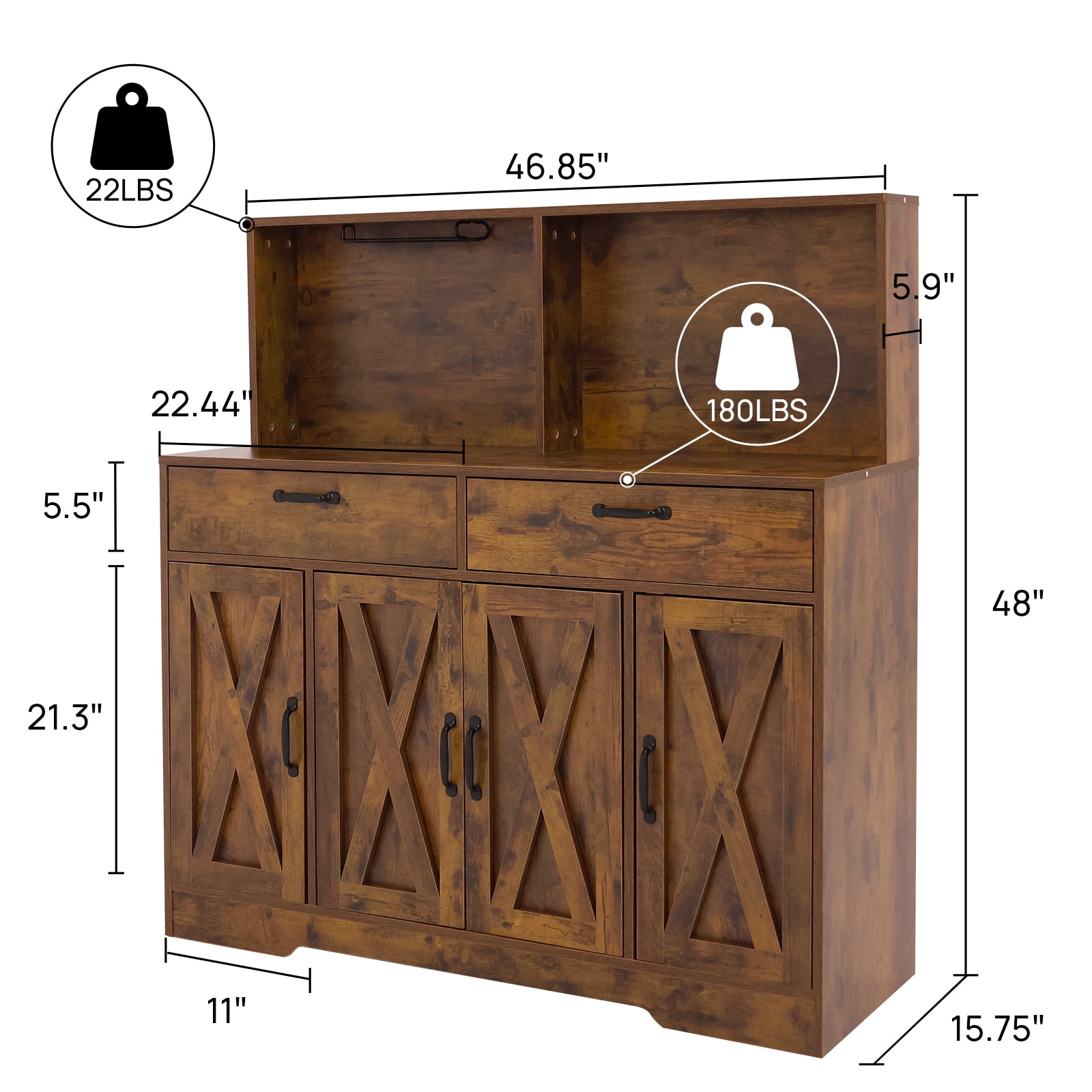 Walsport 47'' Coffee Bar Cabinet - Farmhouse Sideboard Buffet Cabinet with Storage - Kitchen Pantry Storage Cabinet with Doors and Shelves for Dining Room, Living Room, Kitchen (Brown)