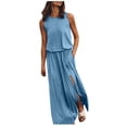 thumbnail image 1 of Vestido largo sin mangas con cuello redondo y abertura para mujer - Vestido de playa fluido de color liso, 1 of 5