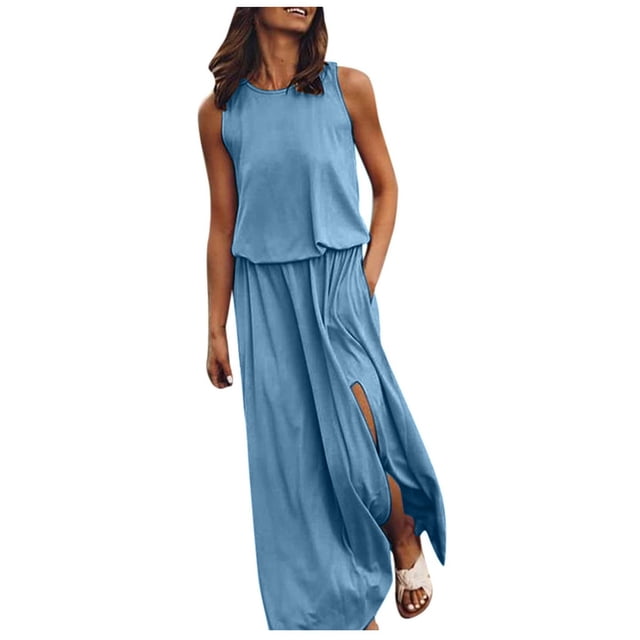 Vestido largo sin mangas con cuello redondo y abertura para mujer - Vestido de playa fluido de color liso