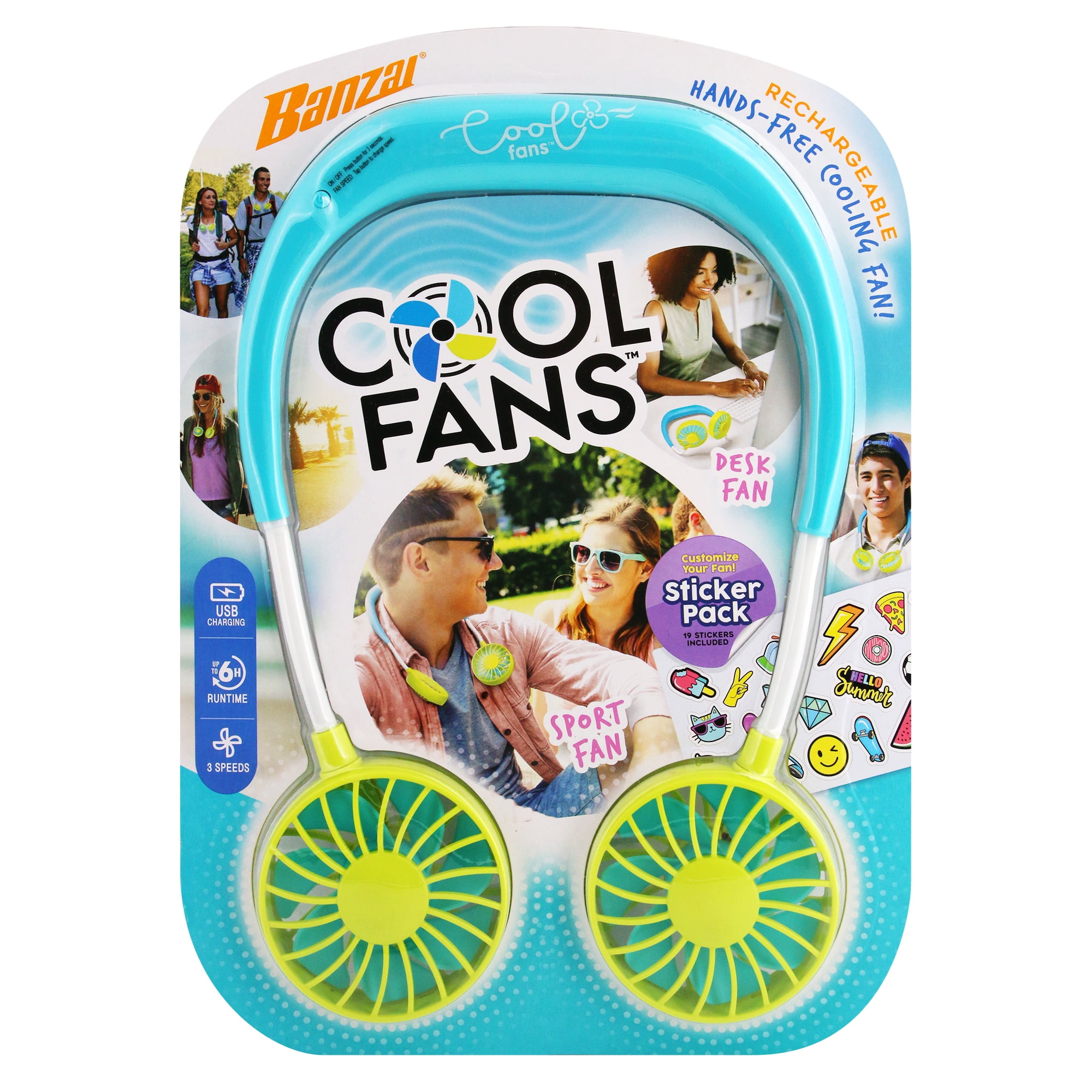 (5 pack) Banzai Wearable, Rechargeable and Personal Cool Fans with 3 Speeds and Sticker Included, Ages 14+