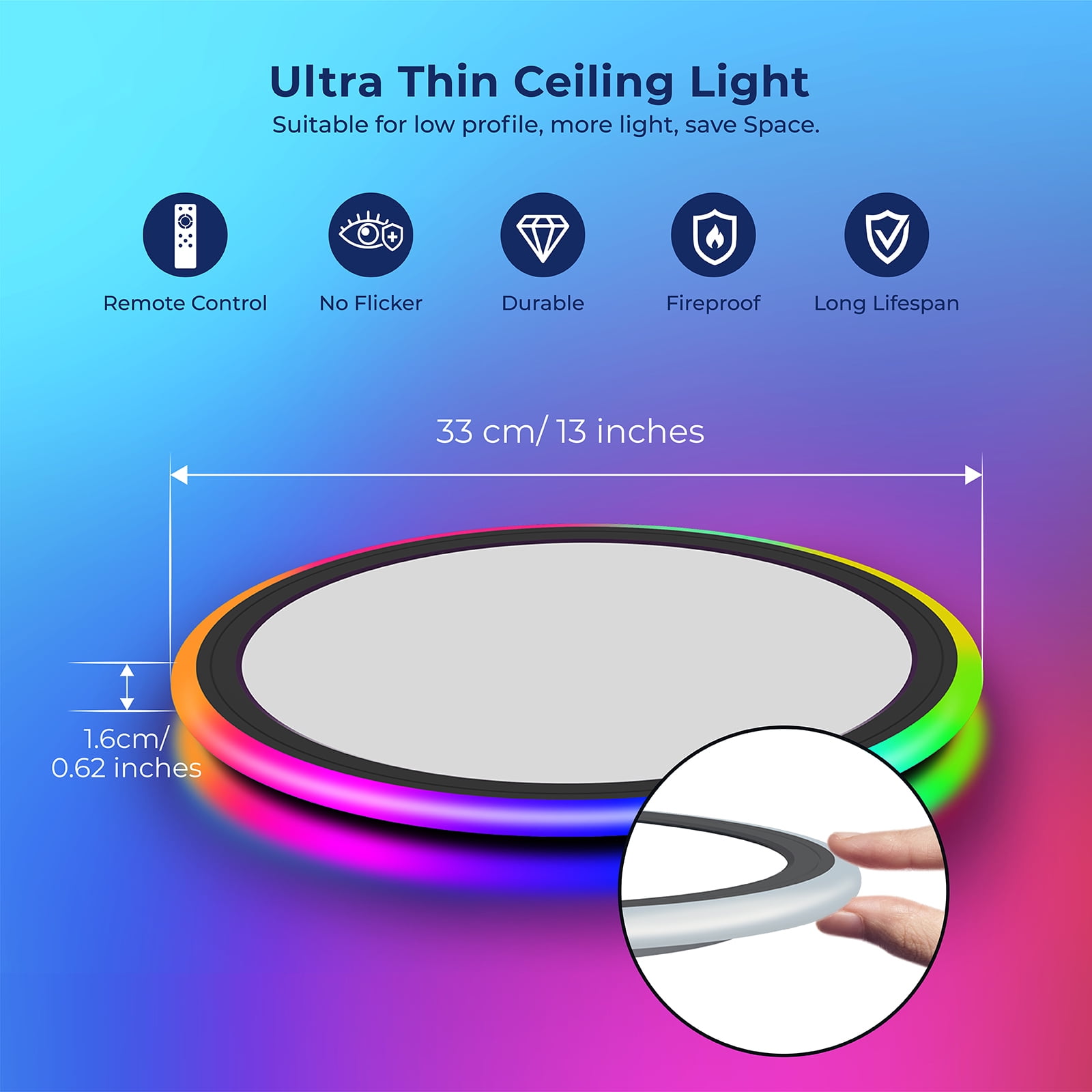 BLNAN 13'' RGB Flush Mount Ceiling Light with Remote Control, 24W 2400LM 3000K-6500K Dimmable Color Changing Wired Led Light Fixture for Bedroom Kids Room Party Festival, Black