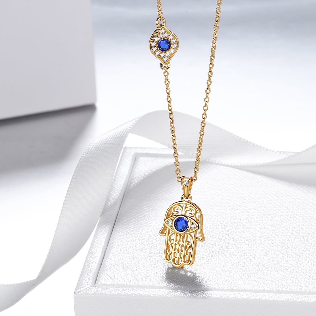 Hamsa Hand Necklace 925 Sterling Silver Blue Third Eye Hand of Fatima Pendant Protective Jewelry Women Gifts Hipunk