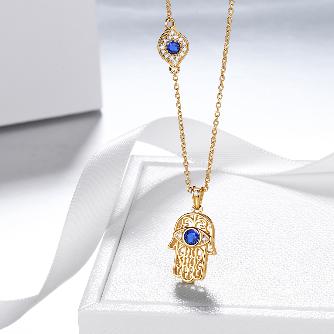 Pendentif Main De Fatima En Argent Sterling 925 Et Zircon Bleu - Bijou Porte-bonheur élégant