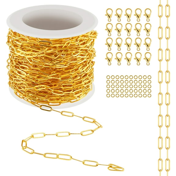 LINFANG 32.81Ft Paperclip Chain Roll with 20 Lobster Clasps and 50 Jump Rings Gold Plated Charm Necklace Chain for DIY Charm Necklaces Bracelets