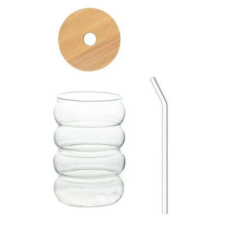 

Sioweci Drinking Glasses High Temperature Resistant Glass with Lids Straws Wave Design Water Cups for Beer Iced Coffee Cocktails Multi-purpose Glass Tumbler for Home Bar 300ML